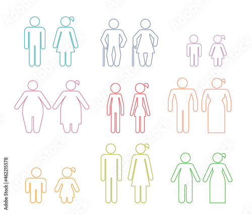 Set of Line Icons that represent various kinds of people. Body appearance. Pictograms which represent couple in love with various type of body shape and age difference.