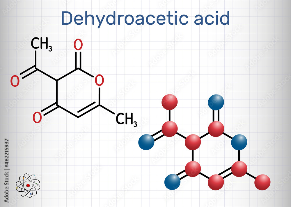 Dehydroacetic acid molecule. It is ketone, fungicide, antibacterial agent, plasticizer, E265. Structural chemical formula and molecule model. Sheet of paper in a cage Dehydroacetic acid molecule. It is ketone, fungicide, antibacterial agent, plasticizer, E265. Structural chemical formula and molecule model. Sheet of paper in a cage