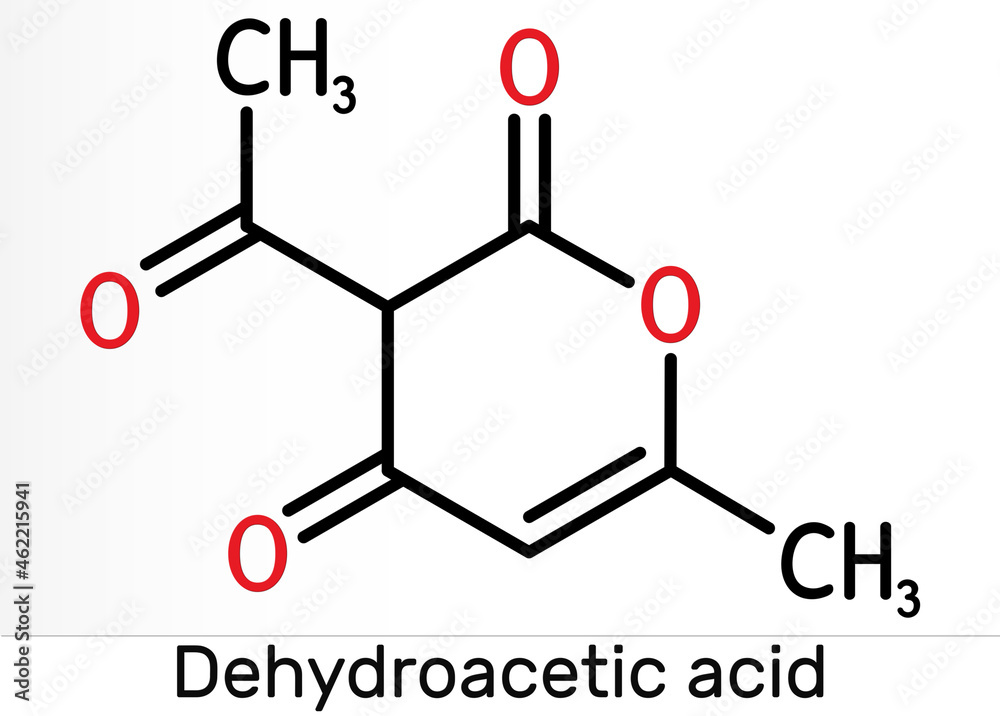 Dehydroacetic acid molecule. It is ketone, fungicide, antibacterial agent, plasticizer, E265. Skeletal chemical formula. Dehydroacetic acid molecule. It is ketone, fungicide, antibacterial agent, plasticizer, E265. Skeletal chemical formula.