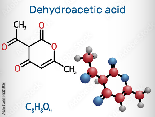 Dehydroacetic acid molecule. It is ketone, fungicide, antibacterial agent, plasticizer, E265. Structural chemical formula and molecule model photo