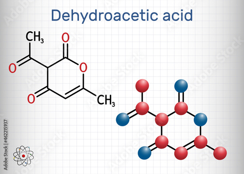 Dehydroacetic acid molecule. It is ketone, fungicide, antibacterial agent, plasticizer, E265. Structural chemical formula and molecule model. Sheet of paper in a cage