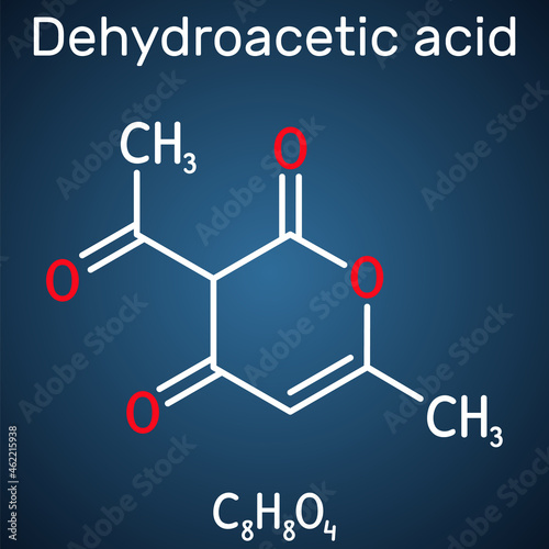 Dehydroacetic acid molecule. It is ketone, fungicide, antibacterial agent, plasticizer, E265. Structural chemical formula on the dark blue background