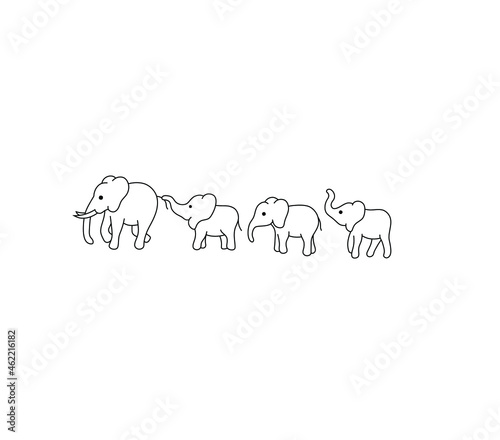 Vector isolated four elephants family contour line drawing. Colorless black and white mother father elephant and baby elephants graphic sketch. 