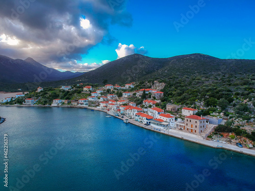 Beautiful aerial view at Ierakas, a picturesque fishing village in Laconia, Greece. The village is also known as the Greek natural Fjord due to the geomorphology of the place. Peloponnese, Greece