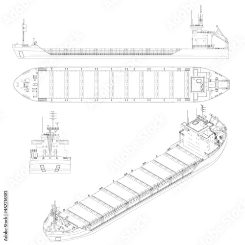 Set with the contours of a cargo ship for containers from black lines isolated on a white background. Side view, top, front, isometric. Vector illustration