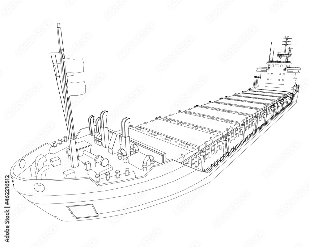 Contour of a cargo ship for containers from black lines isolated on a white background. Perspective view. Vector illustration