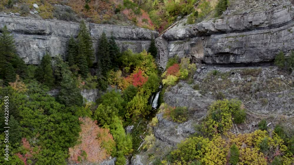 Gorgeous Waterfall in Utah Mountains with Vibrant Autumn Colors, Aerial Gorgeous Waterfall in Utah Mountains with Vibrant Autumn Colors, Aerial