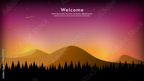 Gold view from forest to mountain.  Bright lights, comets and stars in the sky. Vector illustration.  Vector silhouette valley and forest. Color lights at night landscape. 
