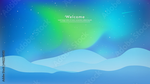 Blue view aurora and mountains. Bright lights, comets and stars in the sky. Vector illustration. Vector panoramic. Color lights at night landscape. 