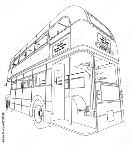 Outline of a double-decker retro English bus from black lines isolated on a white background. Perspective view. Vector illustration