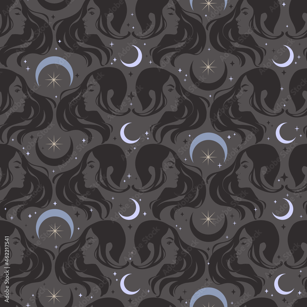 seamless esoteric ornament of girls and moon sky
