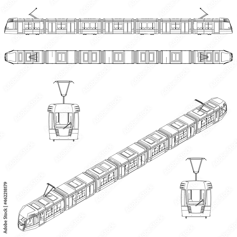 Set with the contours of a passenger train from black lines isolated on