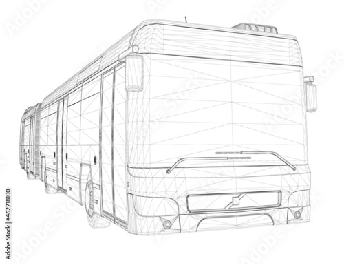 Wireframe of a long bus from black lines isolated on white background. Perspective view. 3D. Vector illustration
