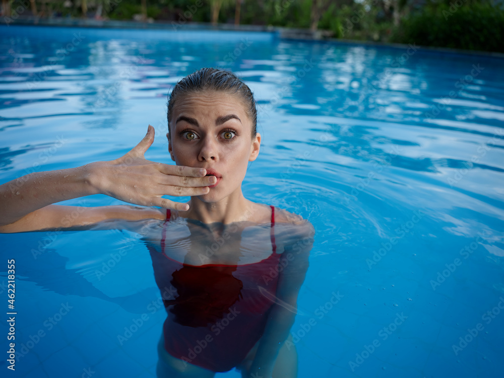 surprised woman Swimming in the pool rest nature fresh air