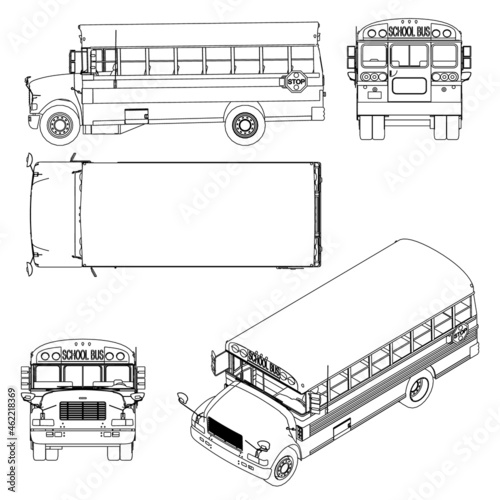 Set with the contours of the school bus from black lines Isolated on white background. Side view, top, front, back, isometric. Vector illustration