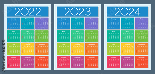Colorful calendar for 2022, 2023 and 2024 years. Week starts on Sunday. Vertical calendar design template. Basic grid. Isolated vector illustration.