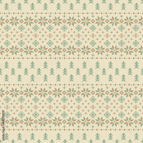 Vector classic christmas seamless pattern with stylized spruces and snowflakes. Light ornate geometric background in scandinavian style for fabric, wrapping paper, packaging and wallpaper