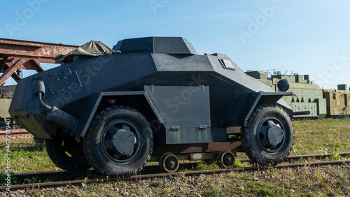 A period WW2 German armoured scout or command car. The car can drive on rails. Historical concept.