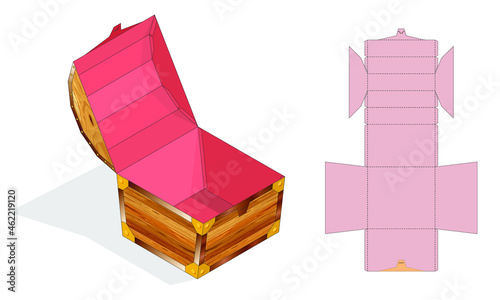 Treasure Chest Shaped Gift Box Design for Candy. Cardboard Die Cut Can be Opened and Closed Multiple Times. Pinata for Children's Crafts and Holiday. Three-Dimensional Laser Cutting Template