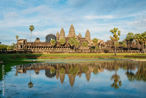 Angkor Wat Temple seen across the lake in Siem reap at Cambodia