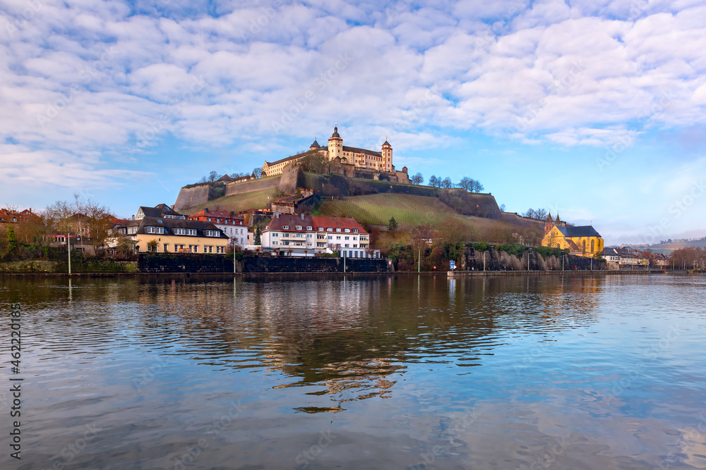 Panoramic view of Marienberg Fortress in sunny winter day in Wurzburg, Bavaria, Germany