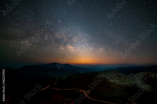 Panorama view universe space shot of milky way galaxy with stars on night sky background at mountains landscape Thailand