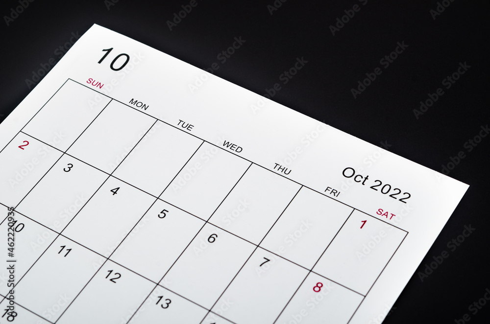 October 2022 calendar sheet on black background. October 2022 calendar sheet on black background.