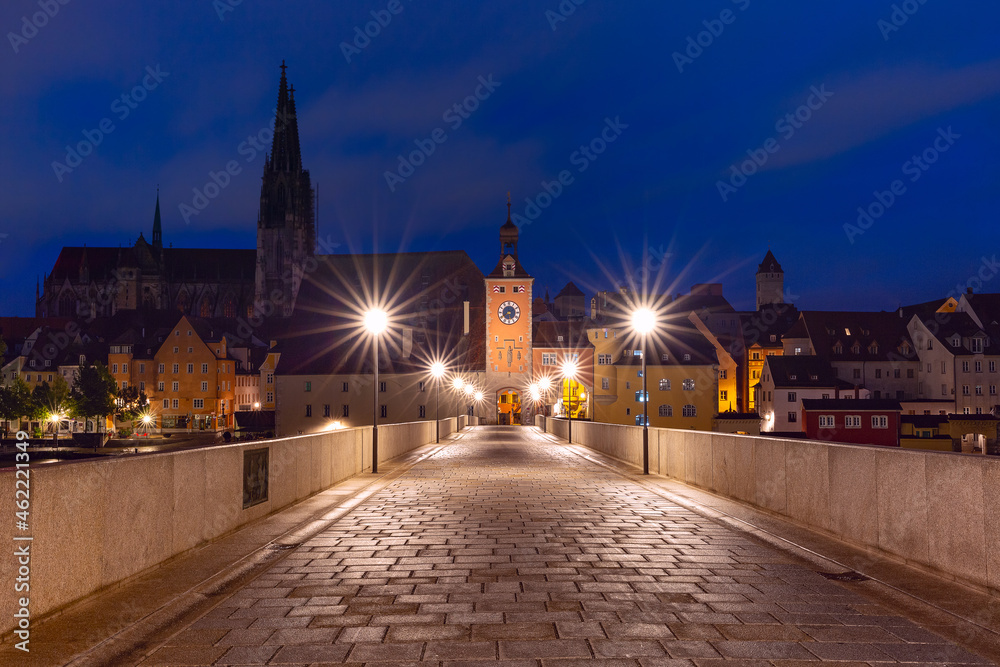 Night Stone Bridge, Cathedral and Old Town of Regensburg, eastern Bavaria, Germany
