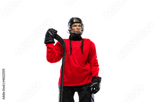 Photography Cropped portrait of woman, professional hockey player in special protective uniform isolated over white background
