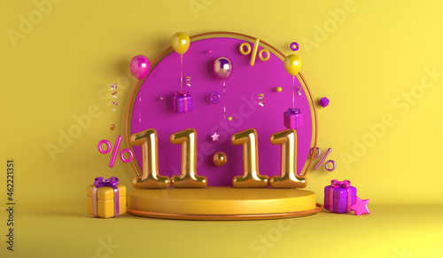 11.11 Shopping day sale display podium decoration background with balloon gift box percent  3D rendering illustration