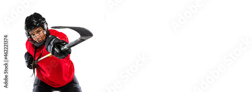 Photography Cropped portrait of woman, professional hockey player in motion, training isolated over white background