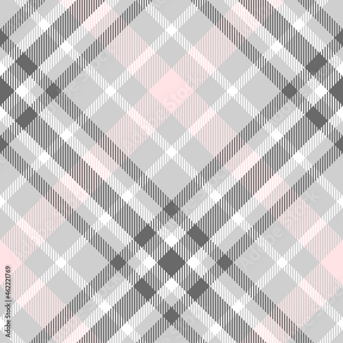 Seamless plaid check pattern in pastel grey, pink and white. Diagonal repeat. 