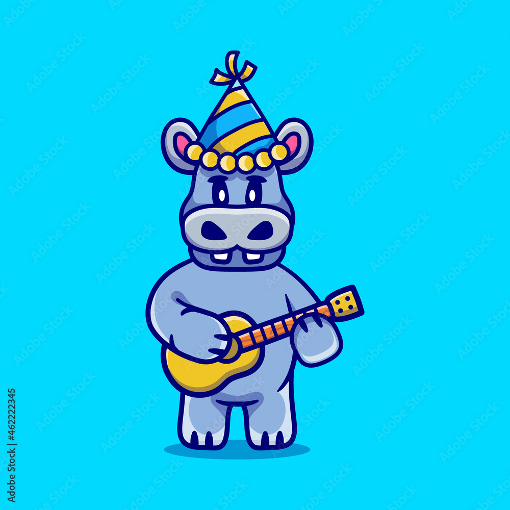 cute hippo celebrating new year with guitar illustration cute hippo celebrating new year with guitar illustration