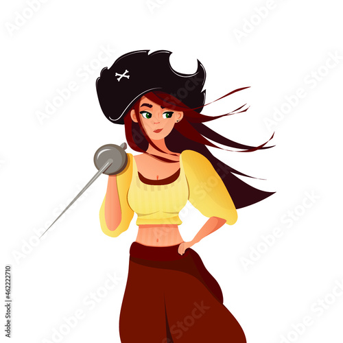  girl pirate holds a rapier in her hand and looks to the side. 