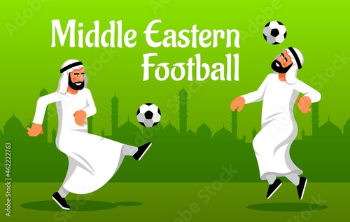 Fototapeta Naklejka Na Ścianę i Meble -  Happy Muslim Arab men play soccer. Middle eastern soccer concept. Vector illustration.