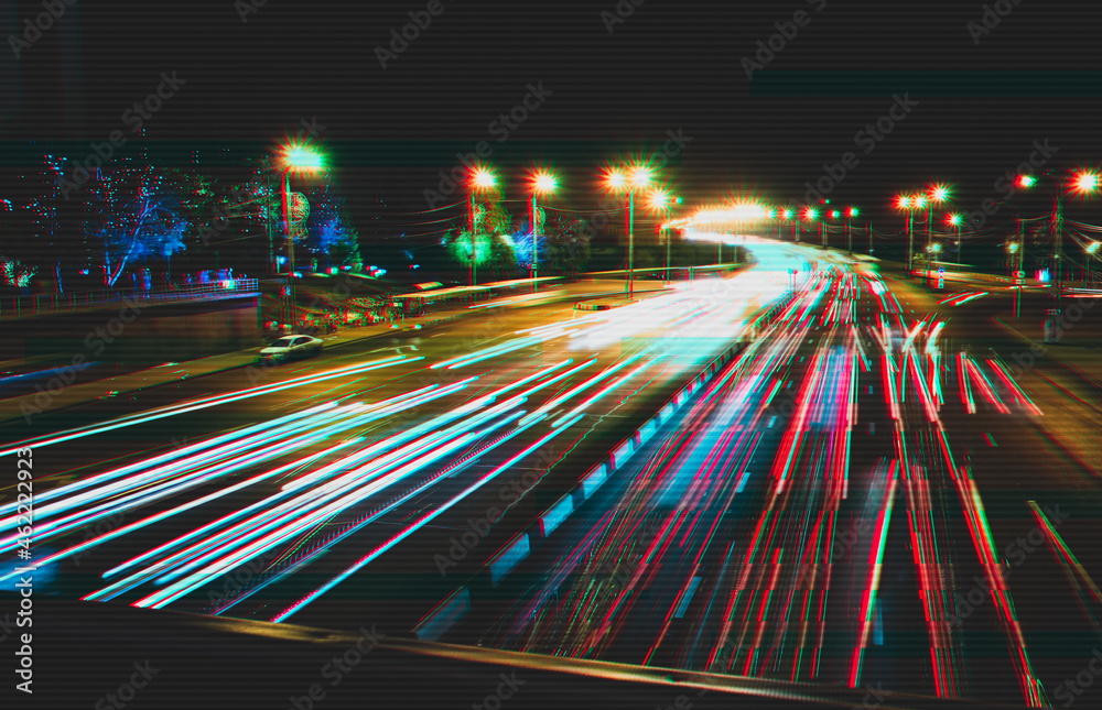 Night traffic in Krasnoyarsk city with glitch effect. Bright background with imitation of technical distortion. Night traffic in Krasnoyarsk city with glitch effect. Bright background with imitation of technical distortion.
