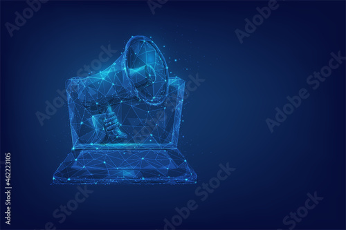 Social media marketing megaphone low poly wireframe. loudspeaker digital polygonal. isolated on blue dark background. vector illustration futuristic business style.