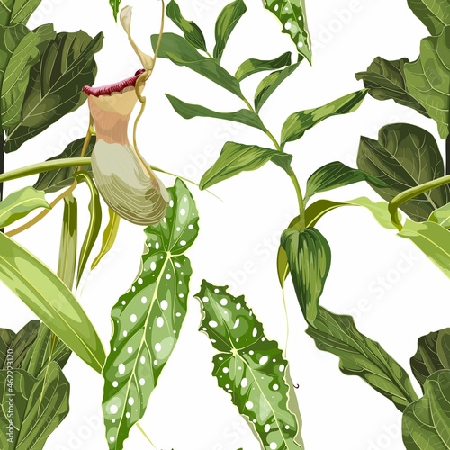Tropical seamless pattern. Summer print. Jungle rainforest. Nepenthes, genus of carnivorous plants. Monkey cups exotic liana plant. Seamless floral pattern with exotic flowers and palm leaves.