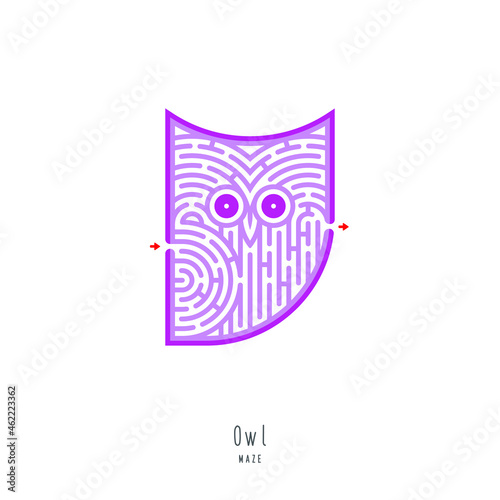 Abstract maze owl. Game for children and parents. Puzzle for kids. Labyrinth conundrum. Flat vector illustration isolated on white background. One Entrance, One Exit. Cartoon style.