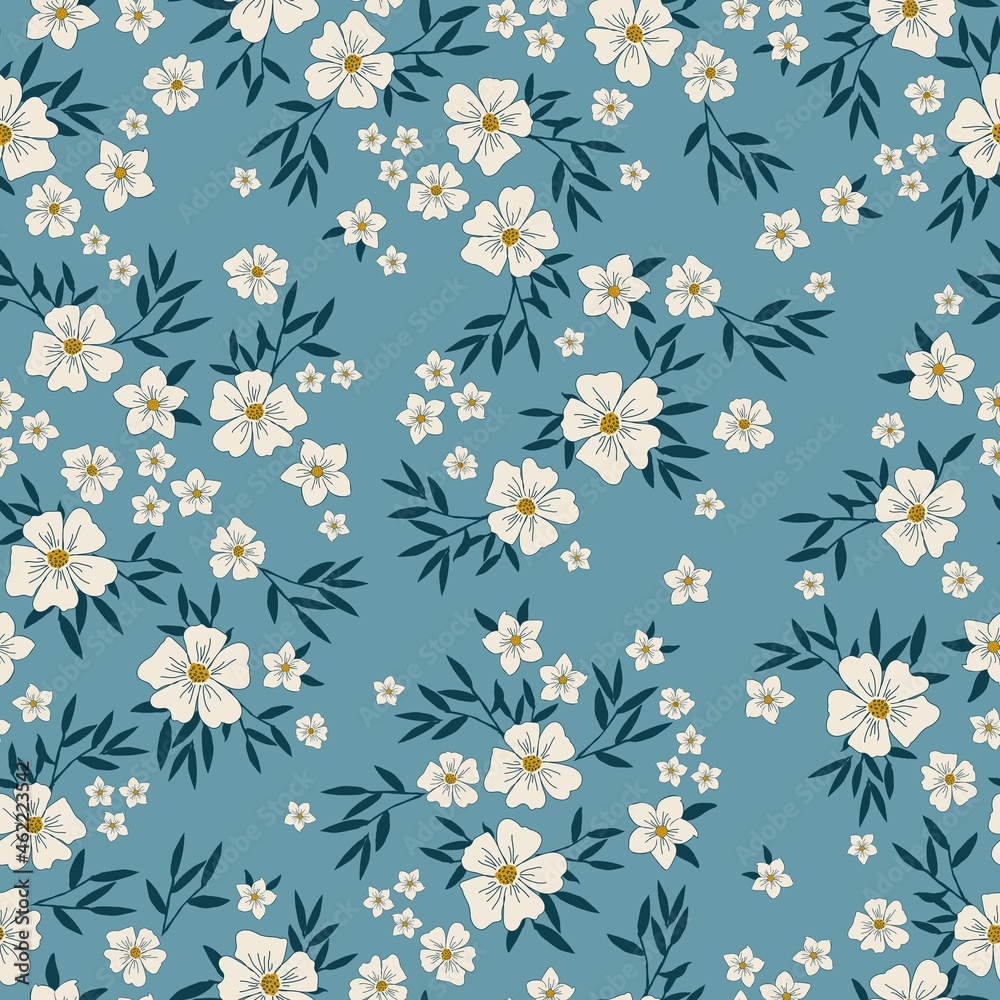 Seamless vintage pattern. wonderful white flowers and dark blue leaves on a blue background. vector texture. trend print for textiles, wallpaper and packaging.