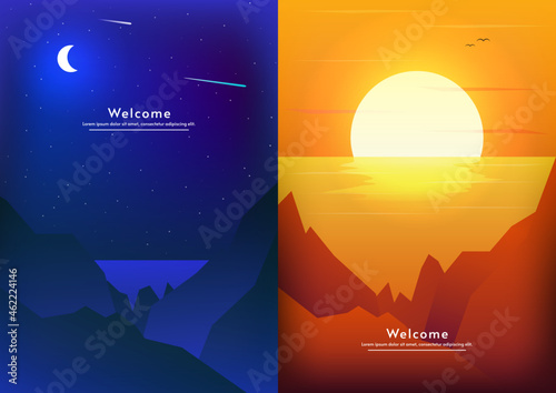 Day and night flat cartoon vector mountain landscape with moon, sun, stars and clouds in sky. Starry backdrop. Landscape nature day and night illustration. Summer light. Web banner. Day and night flat