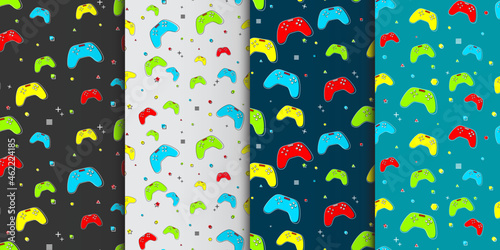 Set of game pad pattern flat style with dark background. Online technology concept. Web button. Logo design. Play button print. Poster design. Vector illustration. Memphis pattern.