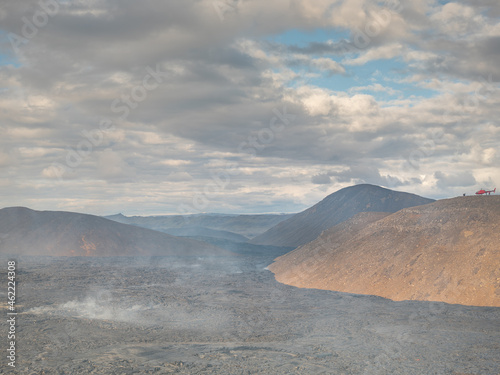 Spectacular helicopter tour over the lava fields and Fagradalsfjall volcano crater, Iceland.