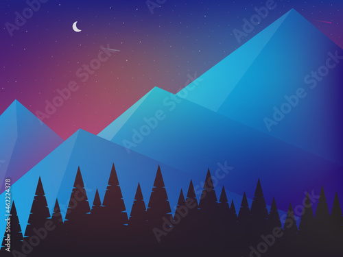 Vector illustration  cartoon and flat style on dark backdrop. Panoramic landscape. Starry background. Beautiful summer landscape. 