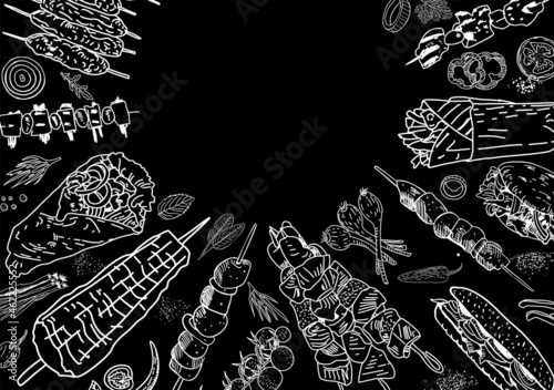 Shawarma cooking and ingredients for kebab. Doner kebab hand drawn. Middle eastern food. Fast food menu design elements. Restaurant cafe menu, template design. Food flyer. Vector.