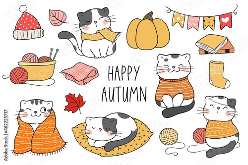 Draw collection happy cat in autumn Doodle cartoon style