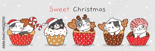 Draw cute cat sweet christmas cupcake Doodle cartoon style