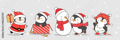 Draw cute penguin and snowman in winter for christmas