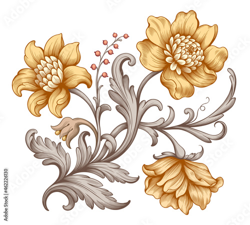 Flower vintage Baroque scroll Victorian frame border floral ornament leaf engraved retro pattern rose peony decorative design tattoo yellow gold filigree calligraphic vector