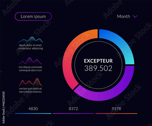 Dashboard infographic user interface. Data visualization pie chart, workflow, finance diagram, UI UX elements. Vector graphic